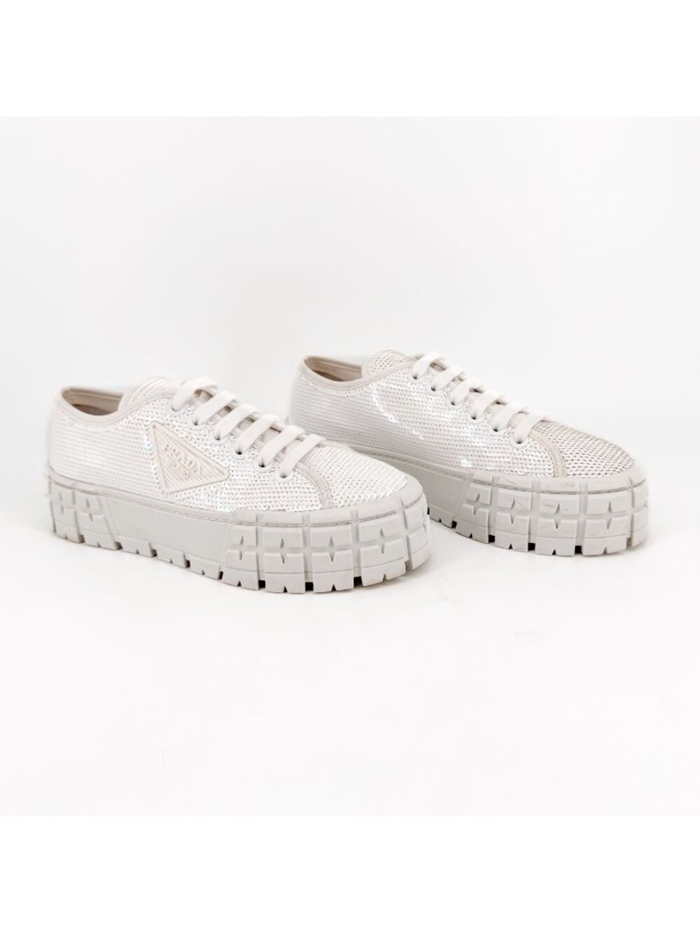 Prada White Sequin Double Wheel Platform Sneakers Size 39 US 9 Women's Low Top